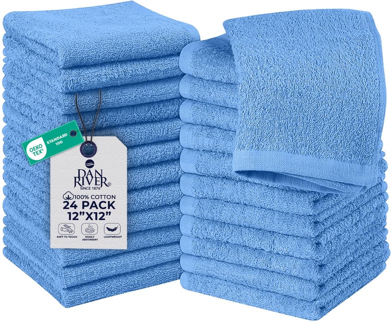 DAN RIVER 24 Pack Wash Cloths for Showering [12x12] - 100% Cotton Washcloths Premium Quality Flannel Face Cloths for Bathroom, Highly Absorbent and Soft Feel Wash Clothes, M Blue - Image 1